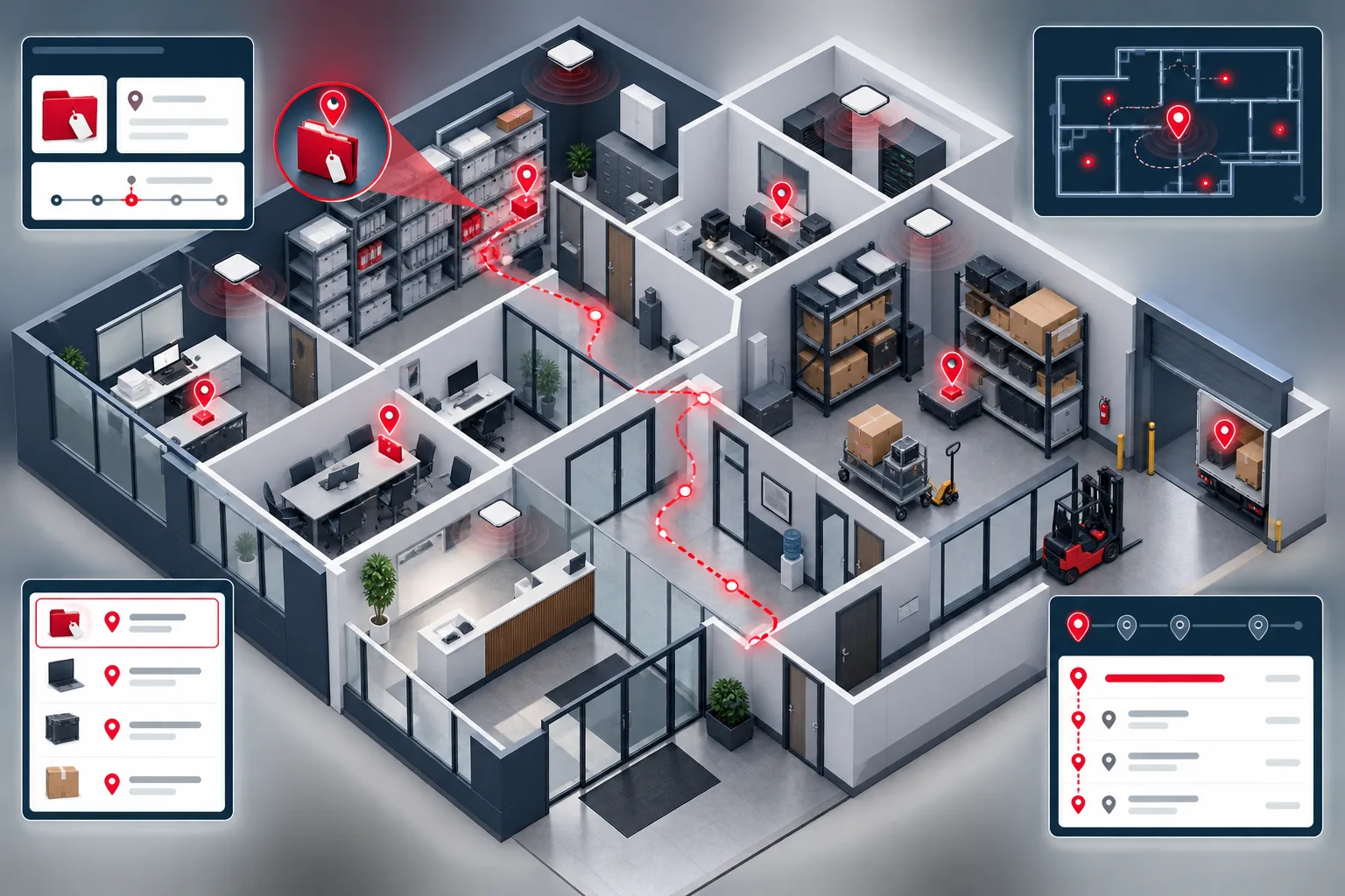 RFID 3D floor plan showing tagged documents and assets across monitored zones